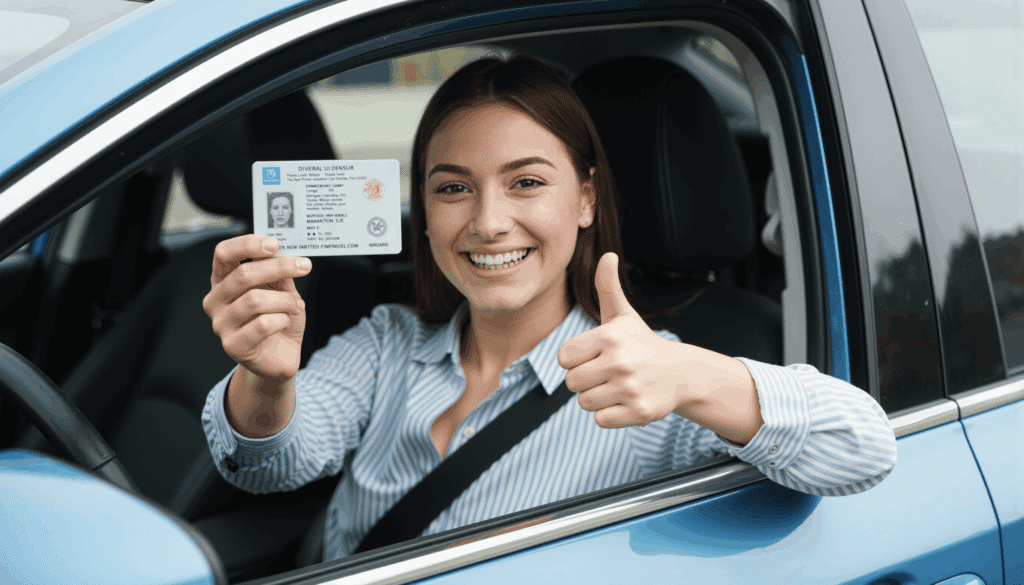 Mujer sonriente dentro de su coche mostrando su carnet de conducir recién obtenido y levantando el pulgar en señal de éxito.
