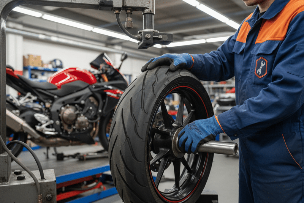 Mecánico cambiando el neumático de una moto en un taller, mostrando de forma práctica qué condiciones tienen que tener los neumáticos de una motocicleta