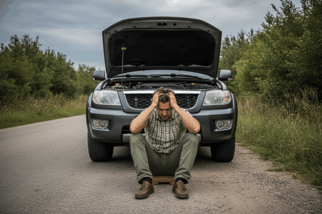 Hombre sentado en el arcén con gesto de frustración frente a un vehículo averiado cuyo capó está levantado, una escena típica de cuando el coche no arranca