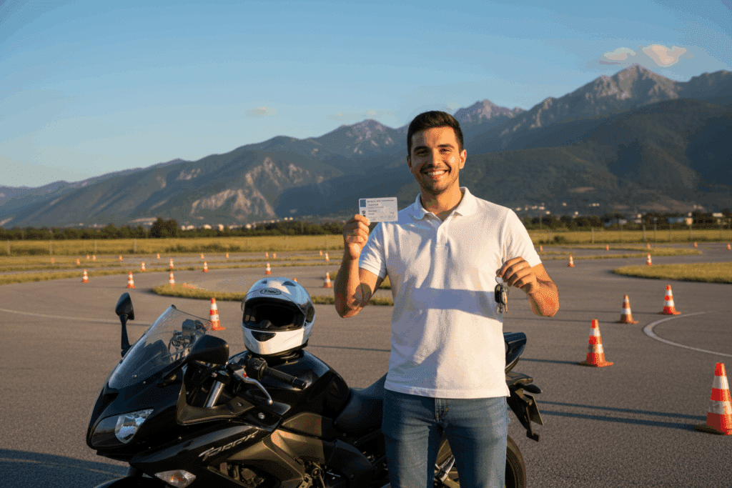 Joven mostrando su carnet A1 y las llaves de su moto tras aprobar el examen práctico, en un circuito con conos y fondo de montañas.