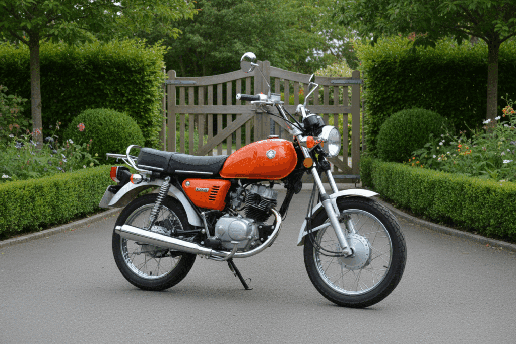 Motocicleta ligera apta para el carnet A1 en aePlusTest, estacionada en una entrada residencial rodeada de vegetación.