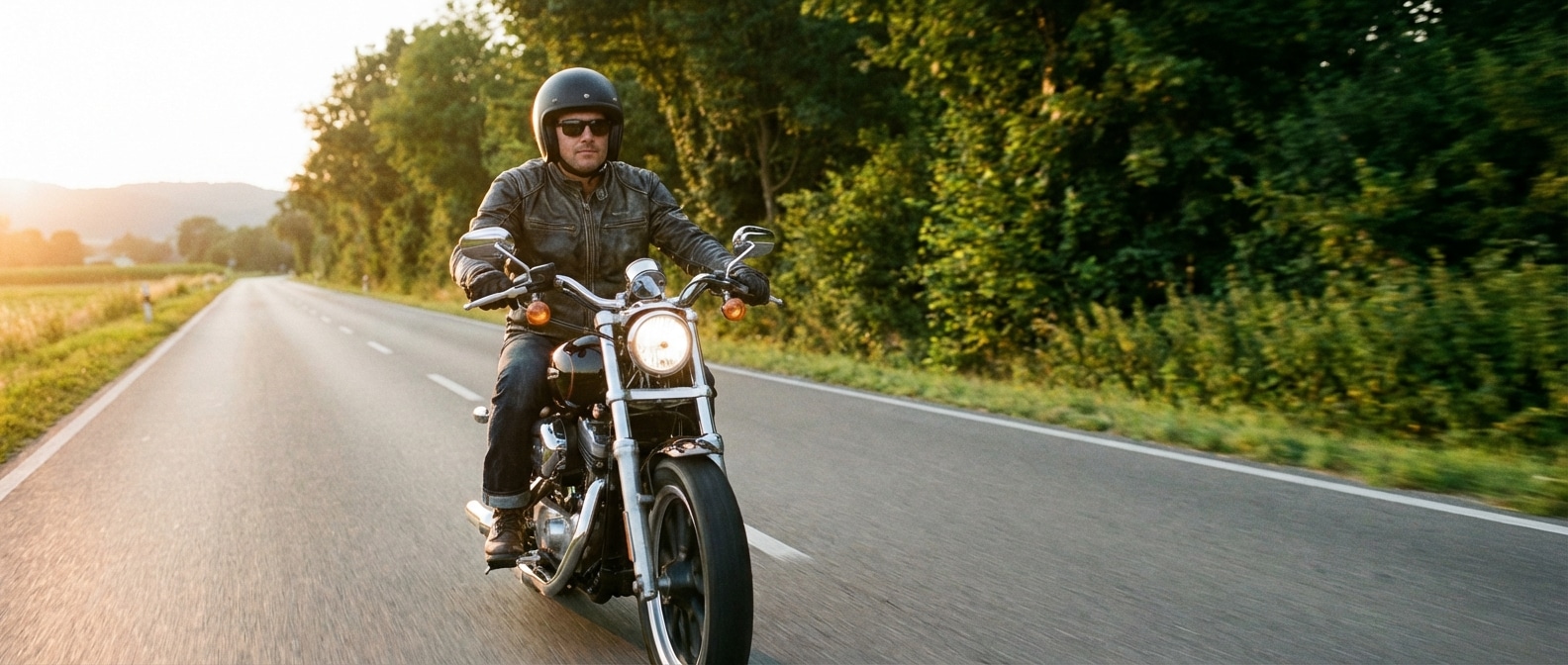 Motorista circulando por una carretera al atardecer, imagen que se usa de forma contextual para explicar qué condiciones tienen que tener los neumáticos de una motocicleta