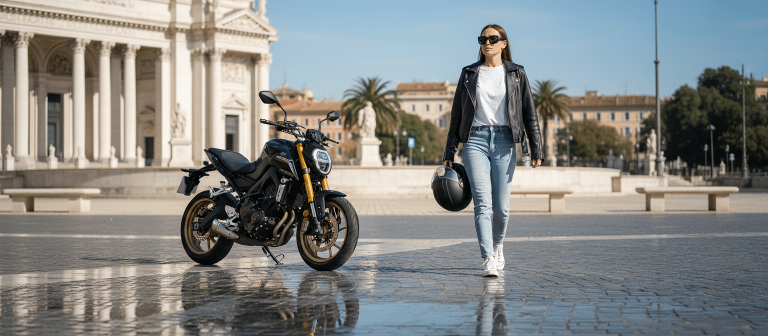 Mujer caminando hacia una motocicleta negra apta para el carnet A1, sosteniendo un casco en la mano, en una plaza urbana.