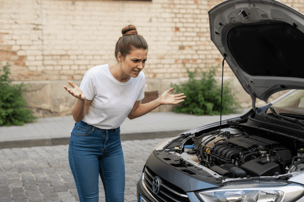 Mujer frustrada mirando el motor de su vehículo con el capó levantado en plena calle, una situación típica cuando el coche no arranca