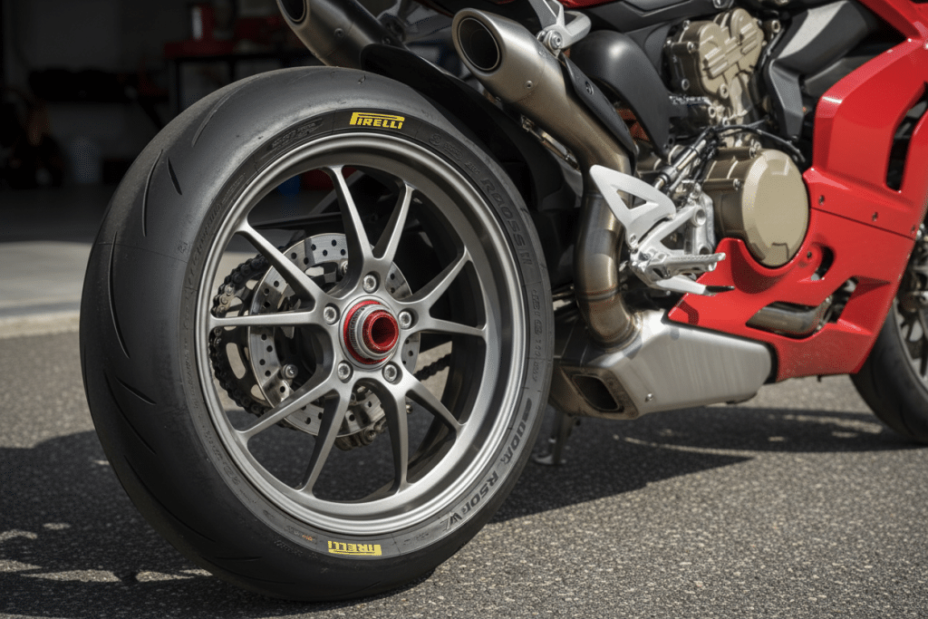 Neumático trasero de una motocicleta en buen estado que muestra claramente el dibujo y la estructura, ilustrando qué condiciones tienen que tener los neumáticos de una motocicleta