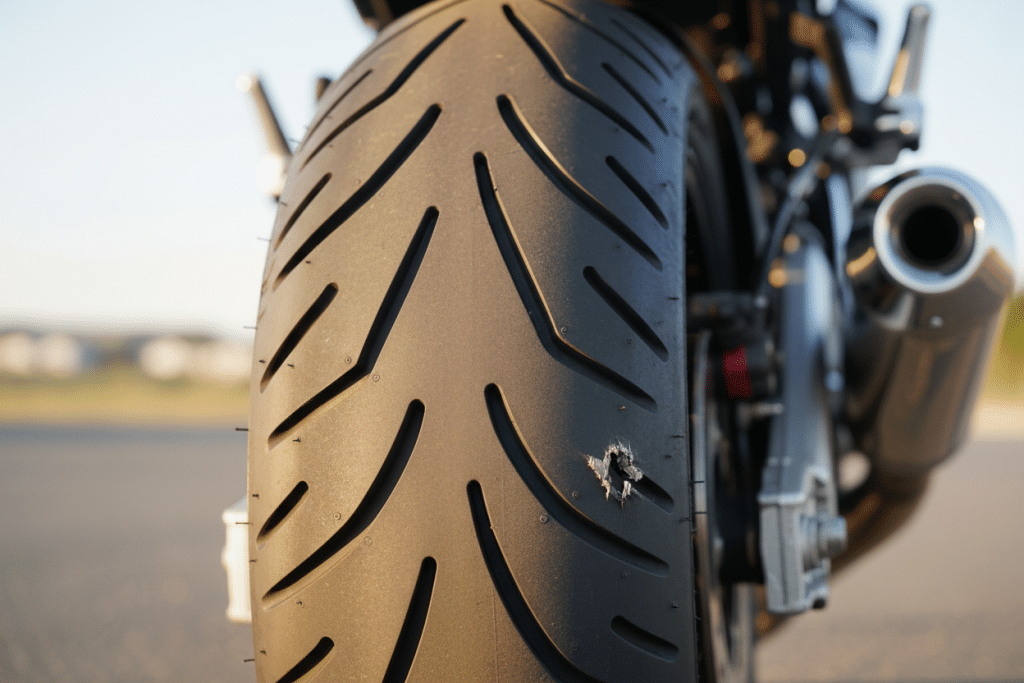 Neumático de moto visto de cerca con un pequeño desgaste que ilustra qué condiciones tienen que tener los neumáticos de una motocicletat; la imagen muestra el dibujo, la superficie y el estado general del neumático.