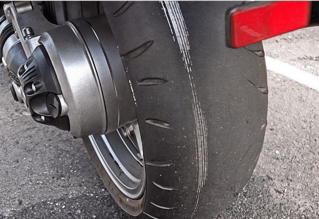 Neumático de moto muy desgastado donde se aprecian claramente los testigos e indicadores de desgaste, ilustrando qué condiciones tienen que tener los neumáticos de una motocicleta