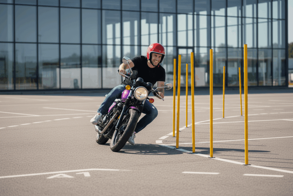 Persona practicando maniobras de destreza en moto para el examen del carnet A1 en aePlusTest, conduciendo entre conos amarillos en un circuito cerrado.