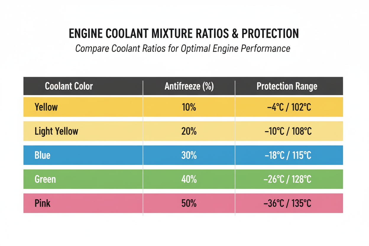 Tabla visual que muestra diferentes proporciones de agua destilada y anticongelante en el líquido refrigerante, con sus rangos de protección frente al frío y la temperatura