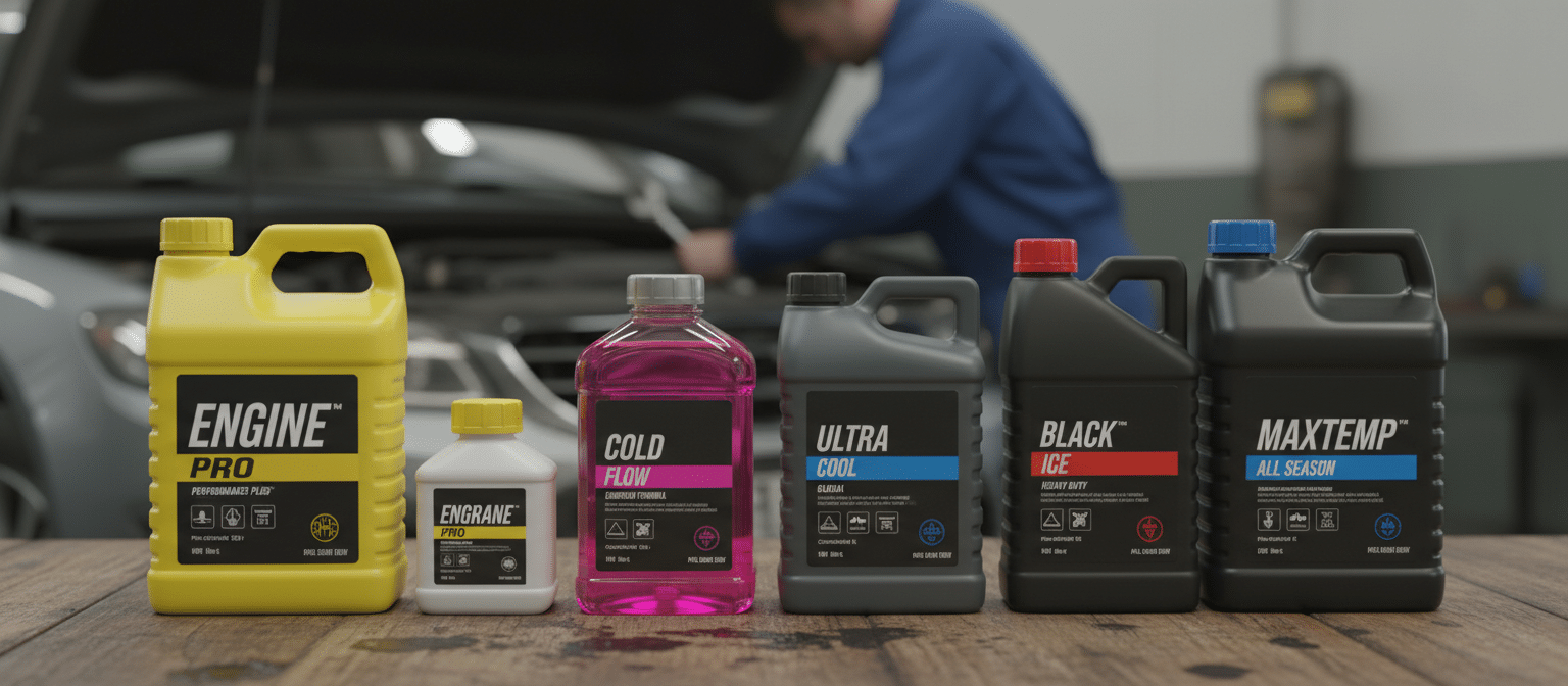 Varios envases de distintos tipos y colores de líquido refrigerante colocados sobre una superficie de madera, mostrando la variedad de formulaciones disponibles para el mantenimiento del coche