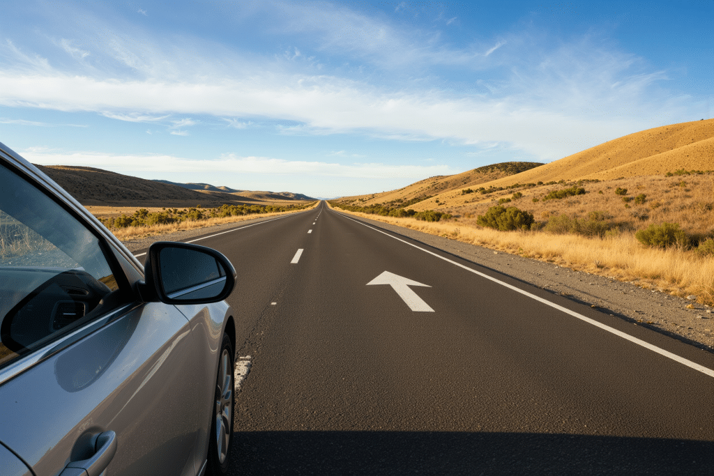 Fotografía de un coche detenido en el arcén con la carretera extendiéndose hacia el horizonte, ilustrando el contexto en el que se aplican los códigos del carnet de conducir y su importancia