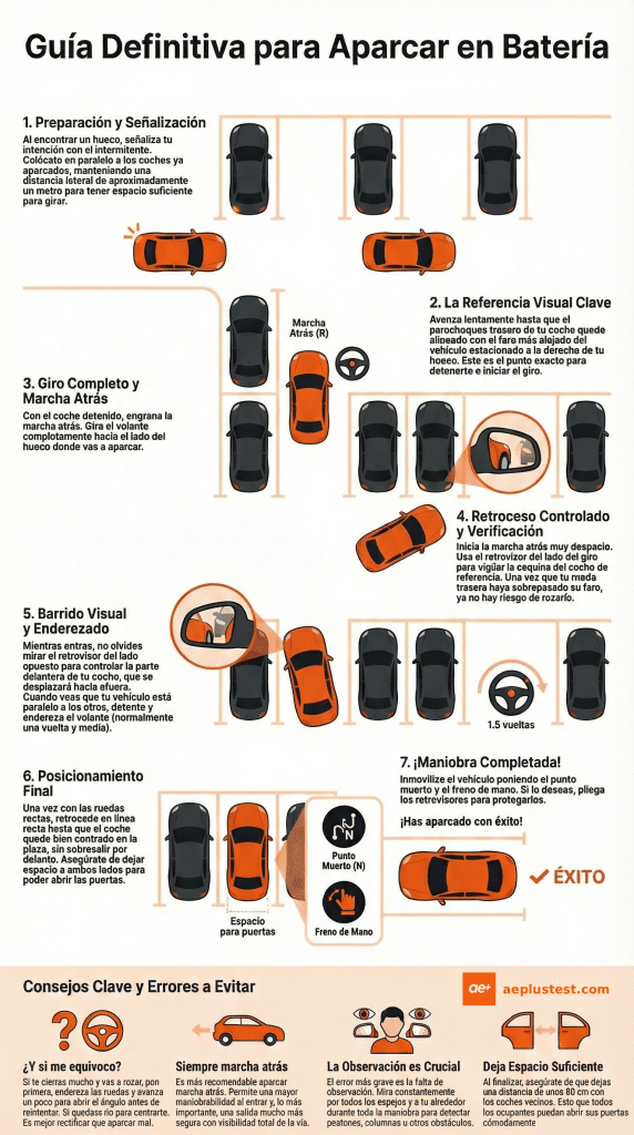 Infografía explicativa paso a paso sobre cómo aparcar en bateria marcha atrás, mostrando con esquemas claros la posición del vehículo, el giro del volante, el uso de espejos y las referencias visuales clave para completar correctamente la maniobra