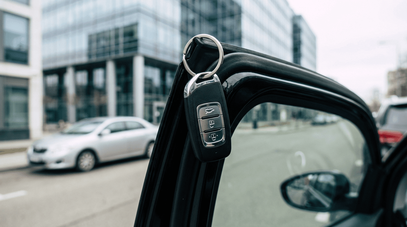 Imagen que ilustra el momento de entrega de las llaves en un contrato de compraventa de coche aePlusTest, con un mando colgando de la ventanilla de un vehículo, simbolizando la transmisión de la posesión tras cerrar el acuerdo entre comprador y vendedor