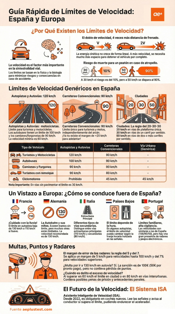 Infografía educativa de aePlusTest sobre límites de velocidad en España y Europa, que explica por qué existen los límites de velocidad, muestra las velocidades máximas en autopistas, carreteras convencionales y vías urbanas según tipo de vehículo, incluye una tabla comparativa, ejemplos de Francia, Alemania, Italia, Países Bajos y Portugal, información sobre multas, puntos y radares, y termina con una referencia al sistema ISA