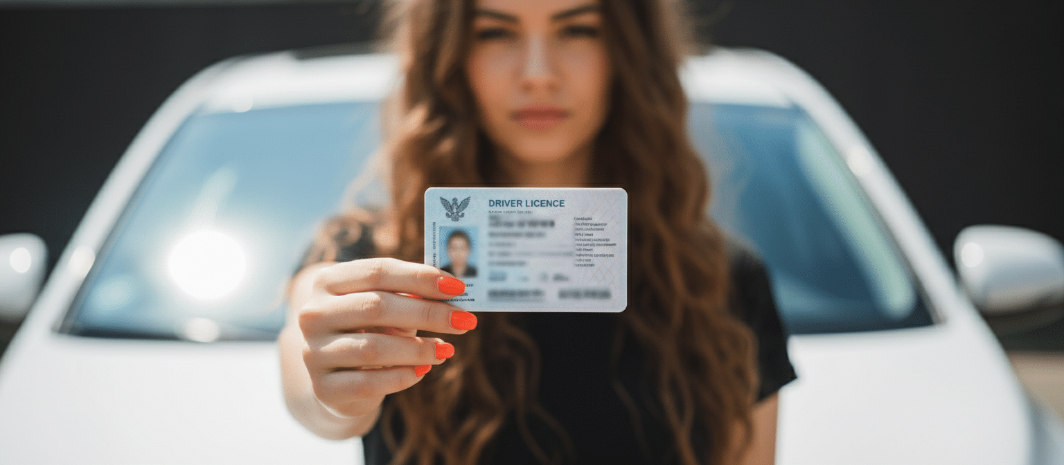 Imagen de una persona sosteniendo su permiso de conducir frente al coche, mostrando la importancia de conocer los códigos del carnet de conducir y su interpretación