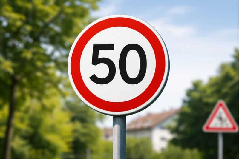 Señal vertical de tráfico que indica un límite de velocidad de 50 km/h en entorno urbano, con fondo desenfocado de vegetación y edificaciones