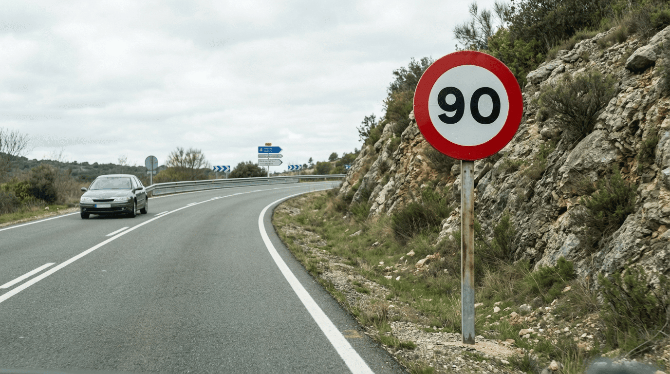 Señal vertical de tráfico que indica un límite de velocidad de 90 km/h en una carretera interurbana, situada junto a una curva con calzada asfaltada y entorno natural