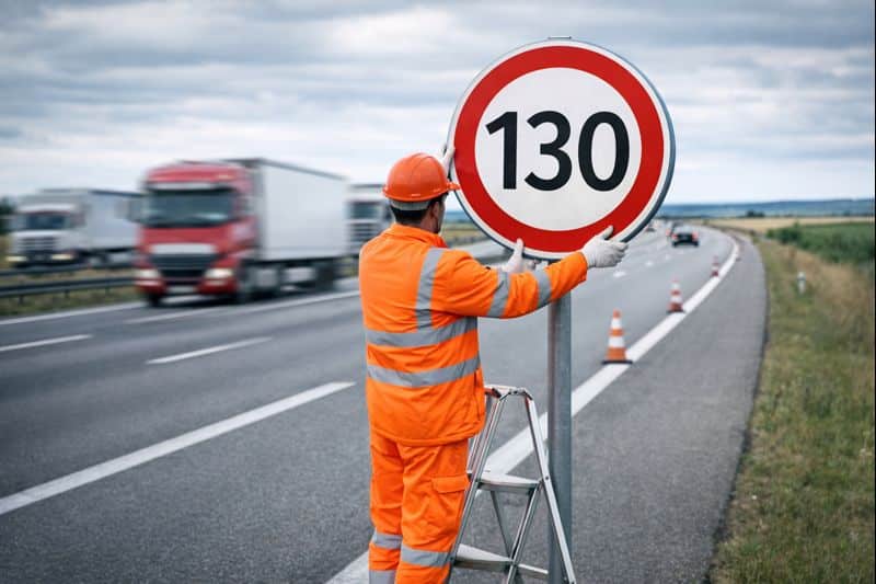 Operario de mantenimiento coloca una señal temporal de límite de velocidad 130 km/h en una autopista, con conos y tráfico circulando al fondo,