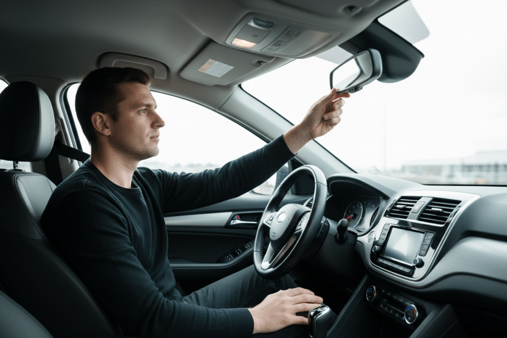 Hombre sentado al volante de un coche ajustando el espejo retrovisor interior antes de conducir, una escena cotidiana relacionada con la concentración y la preparación al volante