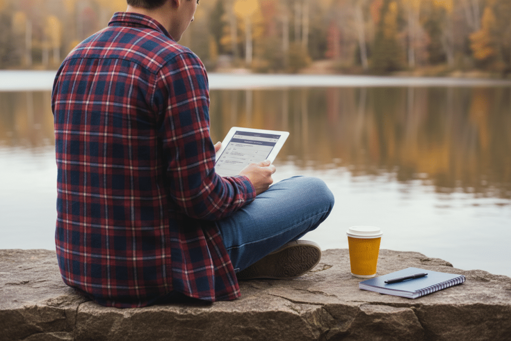 Persona sentada al aire libre estudiando con una tablet mientras repasa contenidos del carnet de conducir