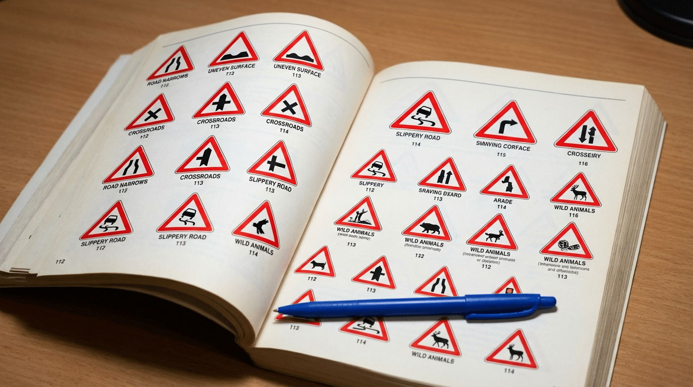 Libro abierto con señales de tráfico de advertencia ilustradas y explicadas, utilizado para estudiar y memorizar normas viales