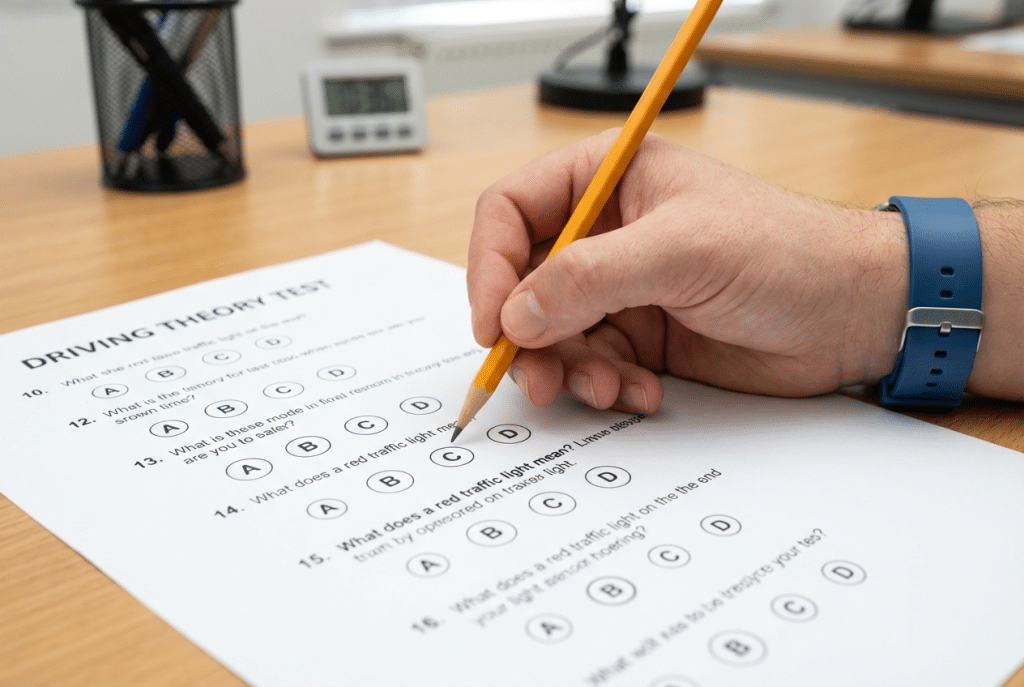 Hoja de examen tipo test del carnet de conducir con respuestas de opción múltiple marcadas con un lápiz amarillo