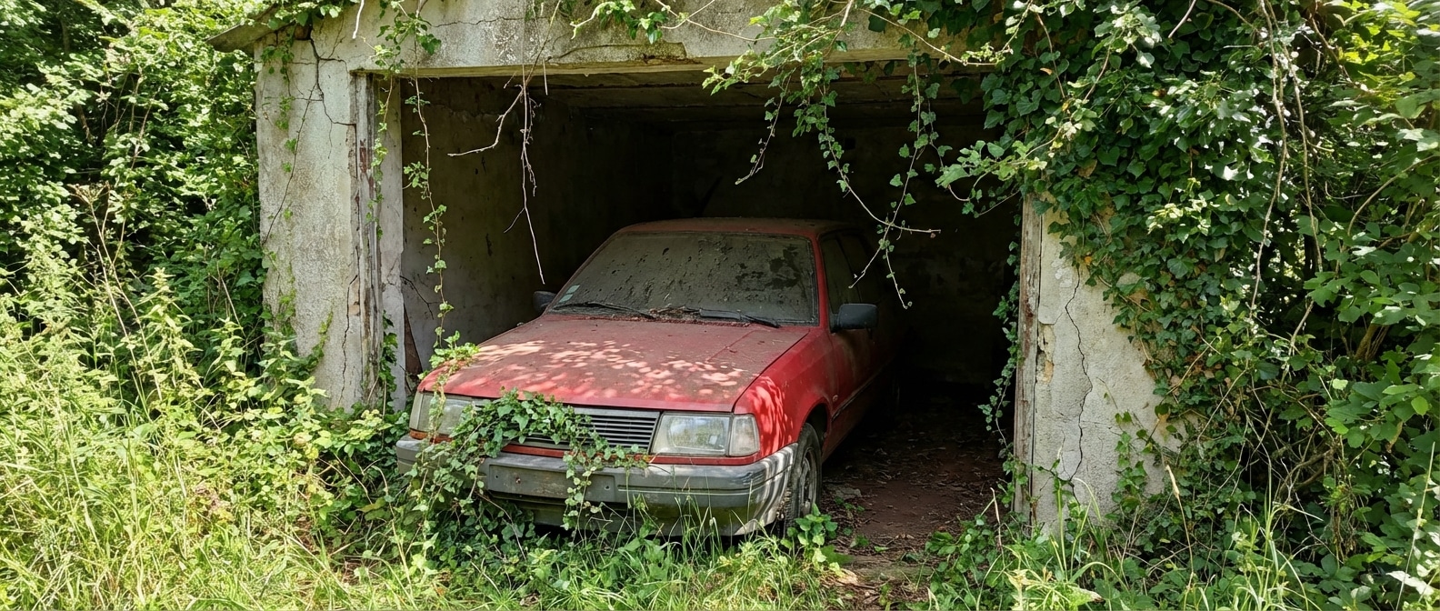 Coche rojo parcialmente guardado en un garaje cubierto de vegetación, con signos claros de inactividad prolongada y abandono parcial. La imagen refleja una situación habitual relacionada con la baja temporal de un coche, cuando el vehículo deja de usarse y se mantiene en una propiedad privada sin circular.