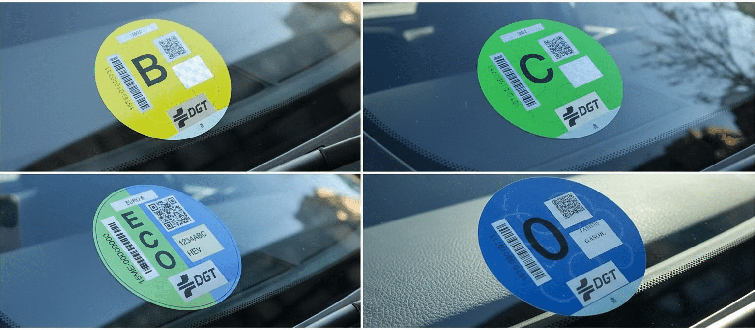 Imagen comparativa de las pegatinas medioambientales de la DGT colocadas en el parabrisas de distintos coches, mostrando las etiquetas B, C, ECO y 0 Emisiones para identificar qué etiqueta tiene mi coche según su nivel de emisiones. La escena permite reconocer visualmente qué etiqueta tiene mi coche en situaciones reales de conducción