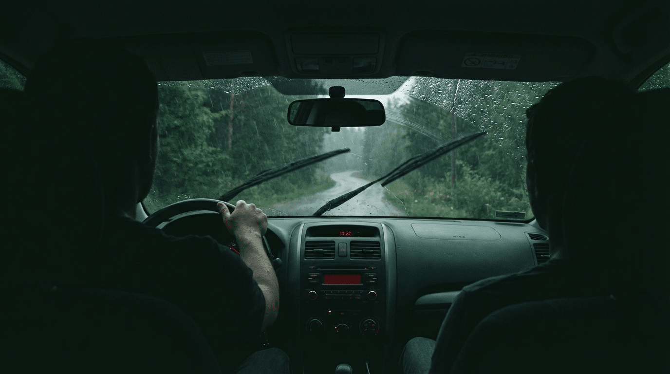 Vista desde el asiento trasero de un coche circulando bajo la lluvia, con el parabrisas cubierto de gotas y los limpiaparabrisas en movimiento