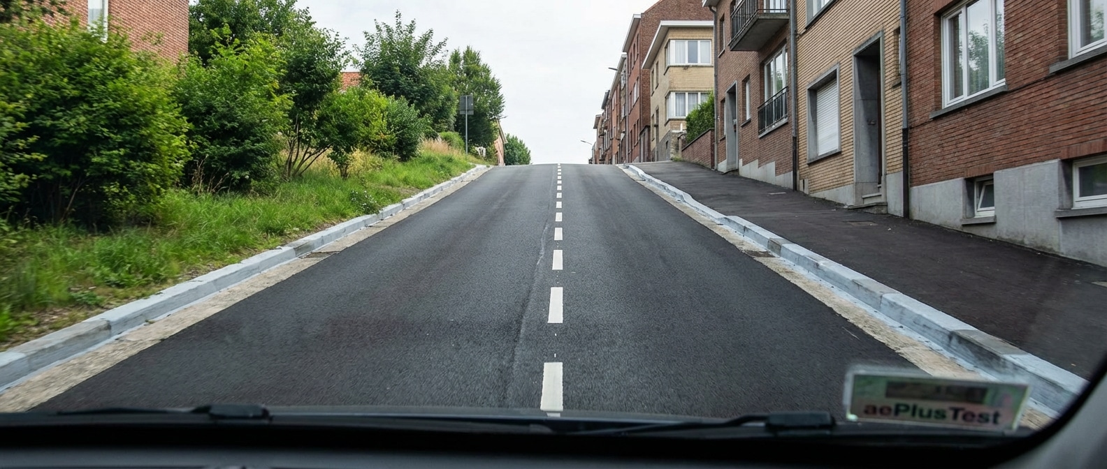 Tramo de carretera urbana en subida con un claro cambio de rasante que limita la visibilidad del final de la vía, mostrando cómo la pendiente oculta lo que hay más adelante