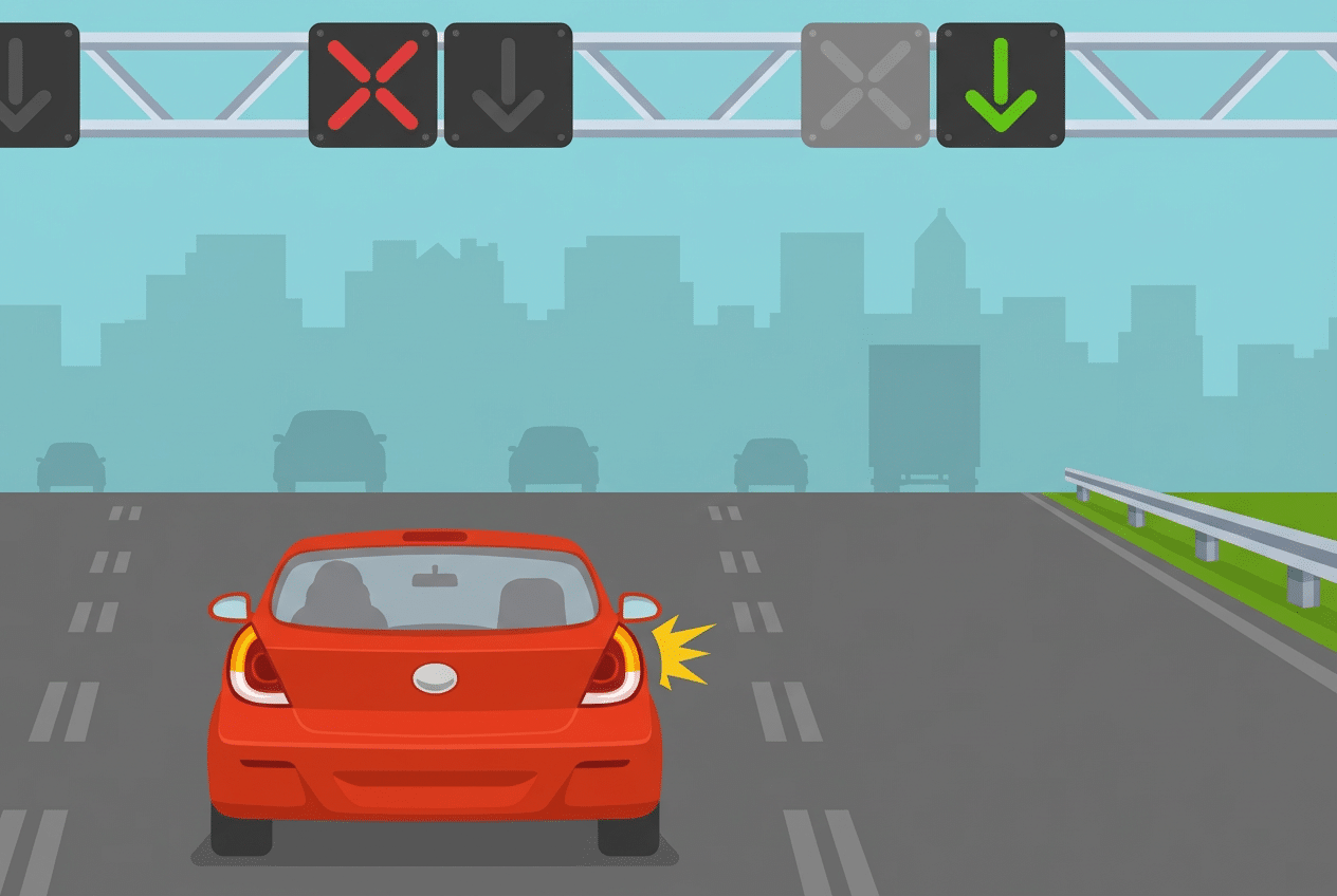 Ilustración de un coche rojo circulando por una vía con señalización luminosa superior de carril reversible, donde se observan una aspa roja y una flecha verde indicando carriles cerrados y abierto