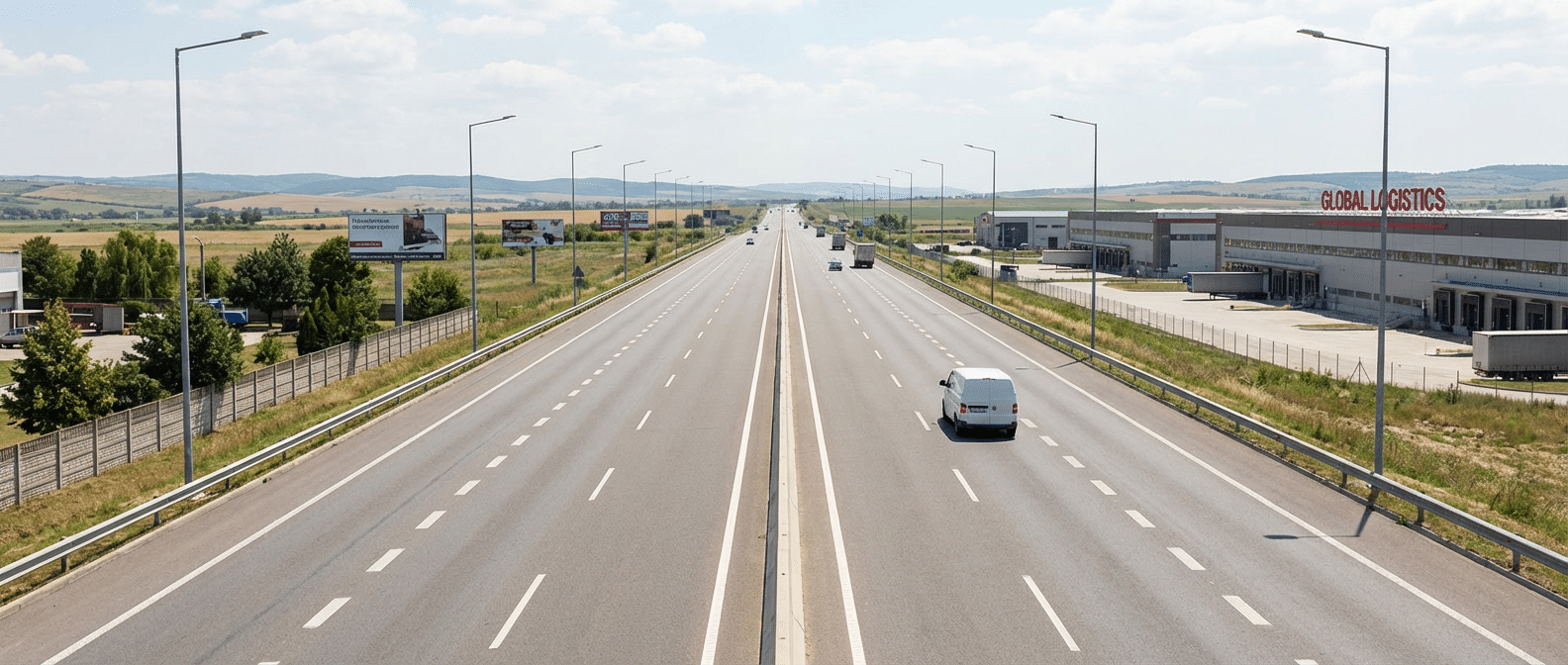 Autovía amplia de varios carriles en una vía interurbana con carril aeplustest, separada por una mediana central y con vehículos circulando en ambos sentidos fuera de poblado, rodeada de zonas industriales y áreas verdes a los lados.