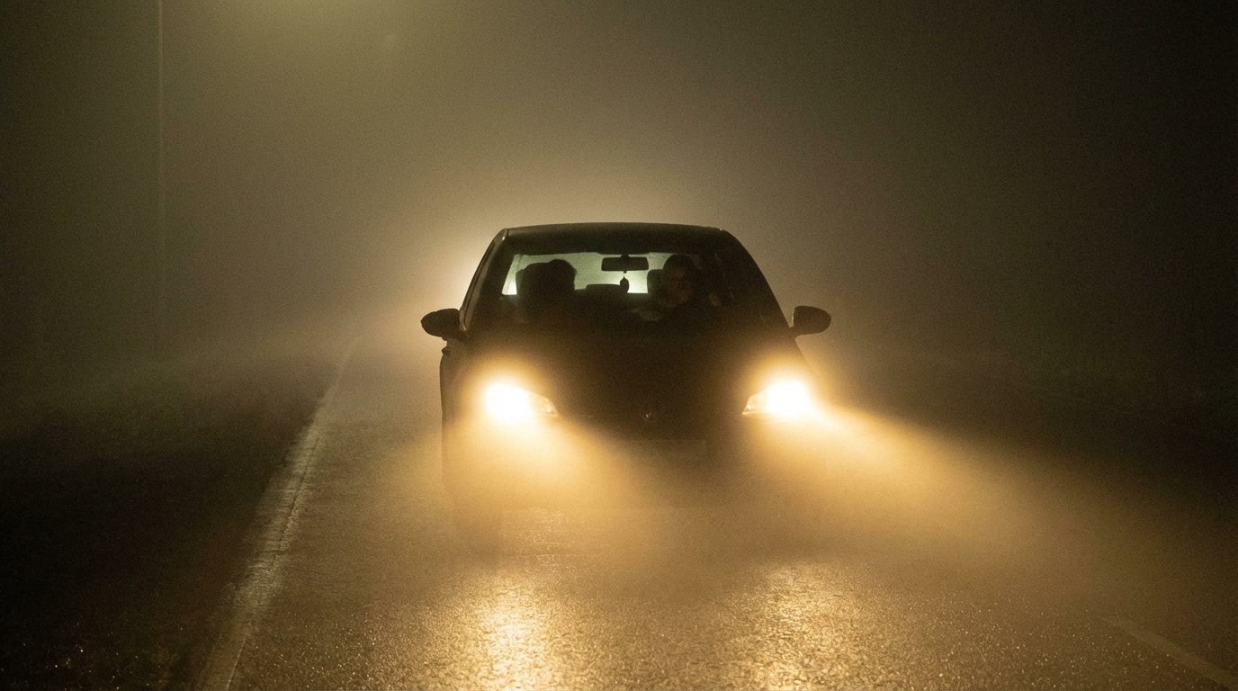 Coche circulando con luz antiniebla encendida atravesando una zona con niebla densa, donde el haz de la luz antiniebla ilumina la carretera a baja altura para mejorar la visibilidad