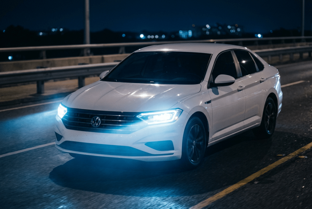 Coche blanco circulando de noche con las luces de posición encendidas en carretera