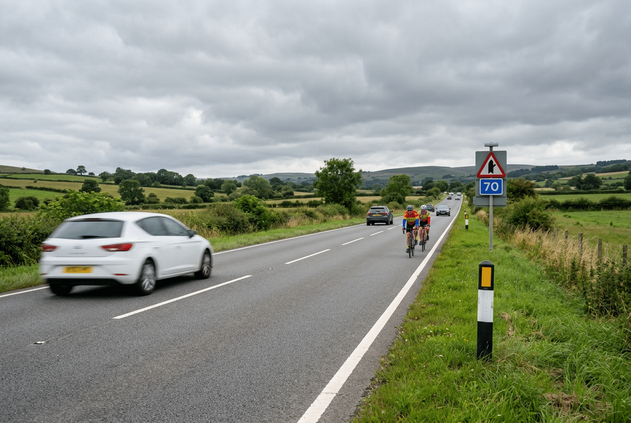 Carretera convencional de aeplustest con varios coches circulando y dos ciclistas por el arcén derecho, en un entorno abierto con vegetación, colinas al fondo y señal de limitación de velocidad