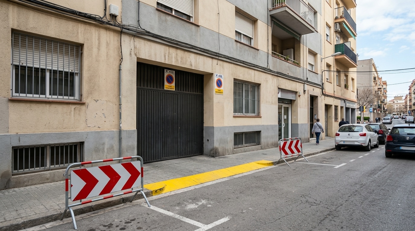 Fachada urbana con puerta de garaje, señal de vado y bordillo amarillo delimitado por balizas, ejemplo para entender que es un vado y cómo debe respetarse el acceso