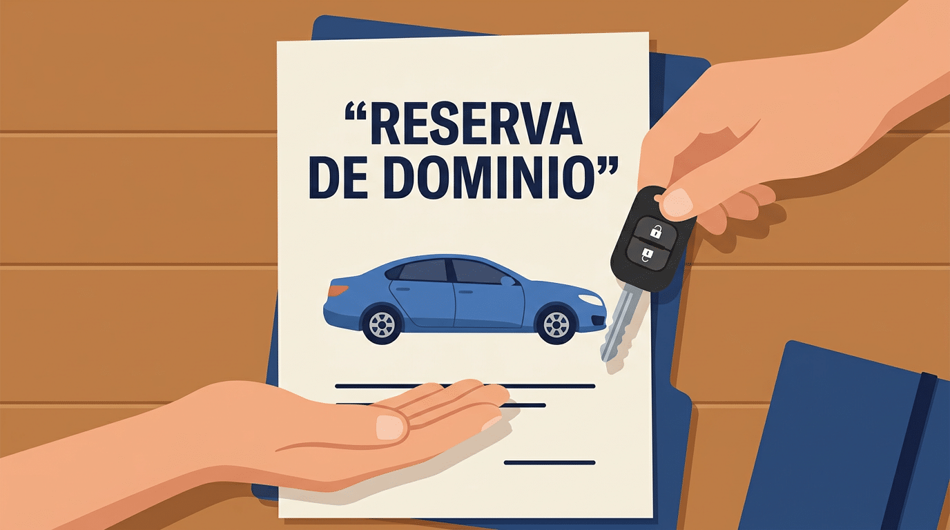 Ilustración de un documento sobre reserva de dominio aeplustest con un coche dibujado y una mano entregando unas llaves, imagen relacionada con la venta y transferencia de vehículos