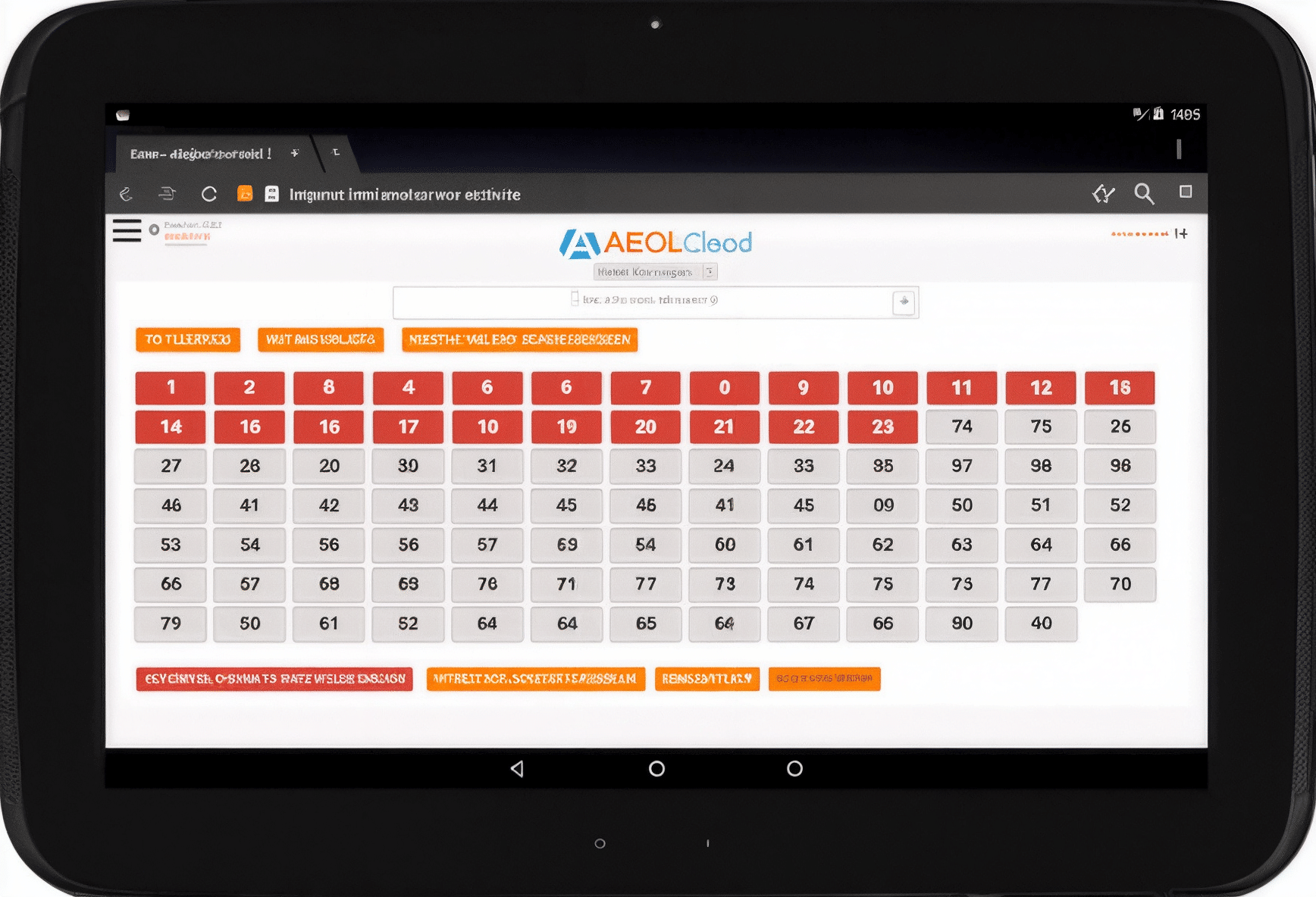 Captura en tablet de la plataforma AEOL Cloud con una cuadrícula de preguntas numeradas para hacer test aeol gratis en español, con varias casillas en rojo y gris y acceso visual al permiso B