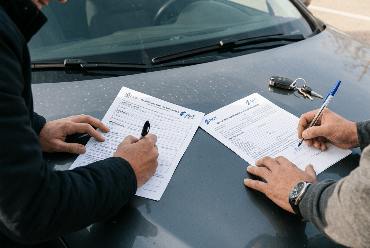 Dos personas firmando documentos de la DGT sobre el capó de un coche