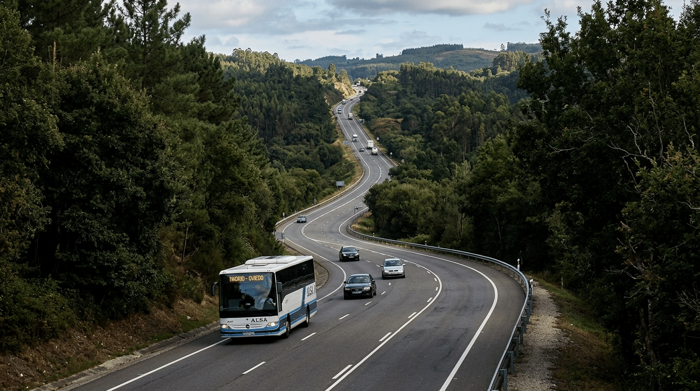 Carretera interurbana entre bosques con vehículos circulando por la calzada y arcén visible a ambos lados