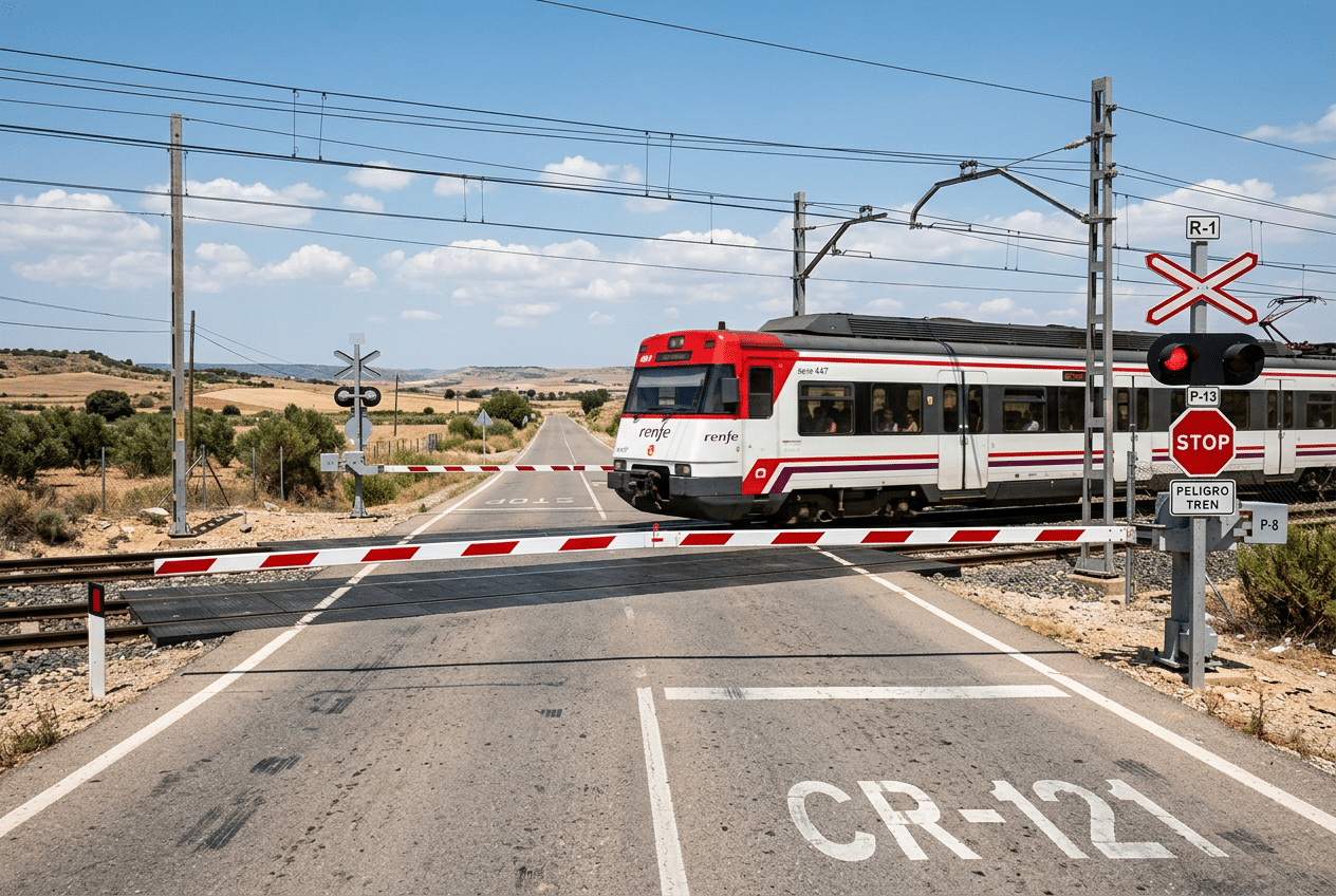 paso a nivel en España aeplustest con tren cruzando una carretera rural, barreras bajadas y señalización ferroviaria que obliga a detenerse antes de las vías.