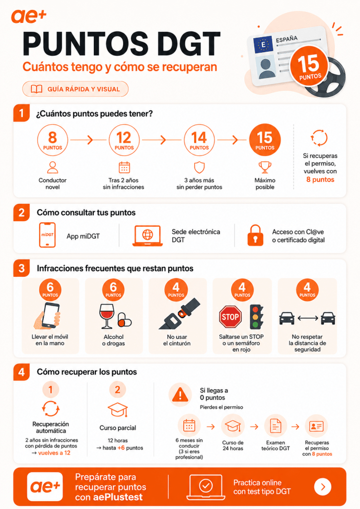 Infografía sobre puntos DGT que resume cuántos puntos puede tener un conductor, cómo consultarlos, qué infracciones los restan y cómo recuperarlos.