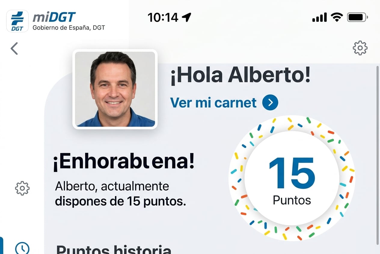 Captura de la app miDGT con un perfil de conductor, acceso al carnet y saldo de 15 puntos DGT visible en la pantalla.