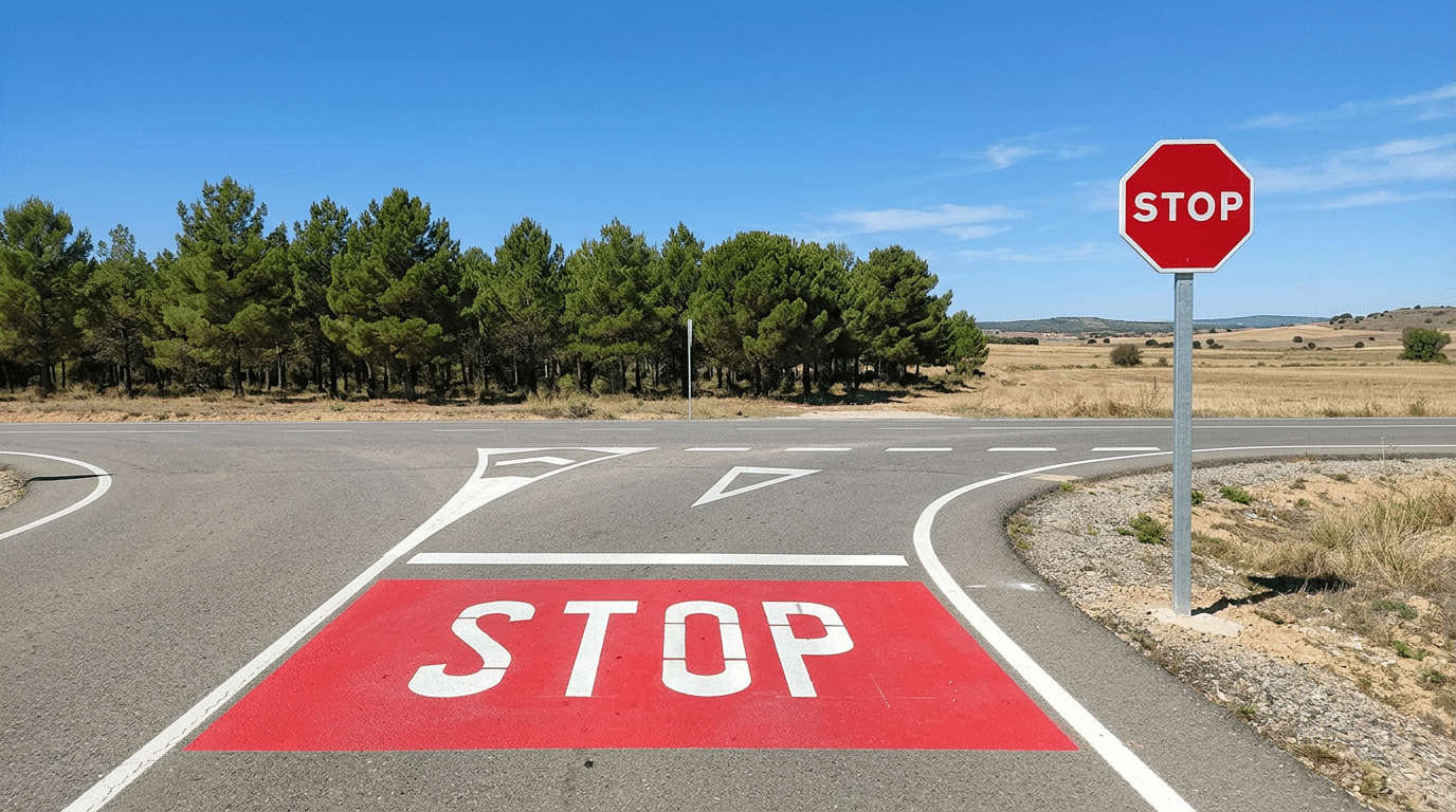 Señal de stop junto a una intersección rural, con la palabra STOP pintada sobre el asfalto, línea de detención y pinos al fondo.
