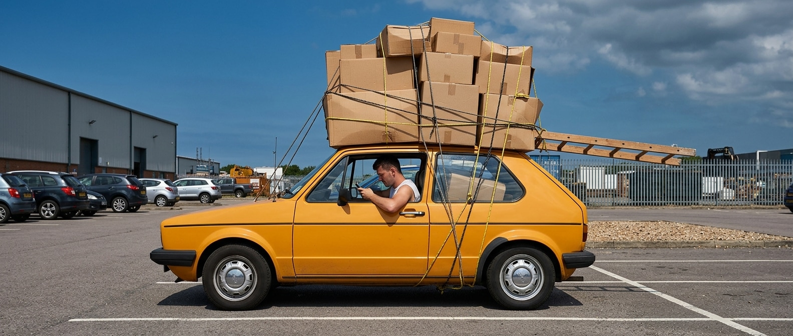 Coche amarillo con varias cajas apiladas y atadas sobre el techo, ejemplo de cuanto puede sobresalir la carga y de una sujeción insegura.