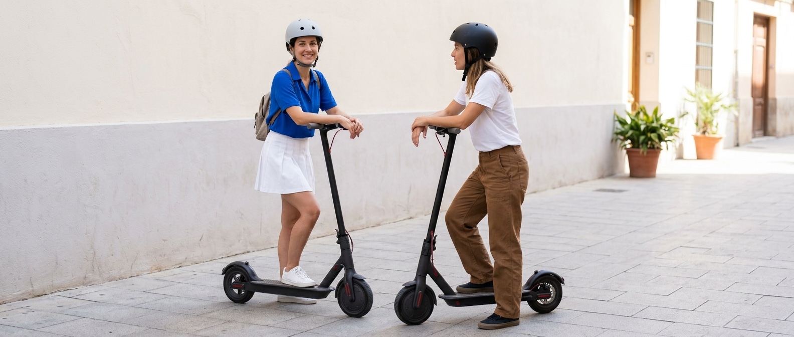 Dos personas con casco sobre patinetes eléctricos en una calle tranquila, imagen relacionada con la ley de patinetes eléctricos y la circulación segura en VMP.