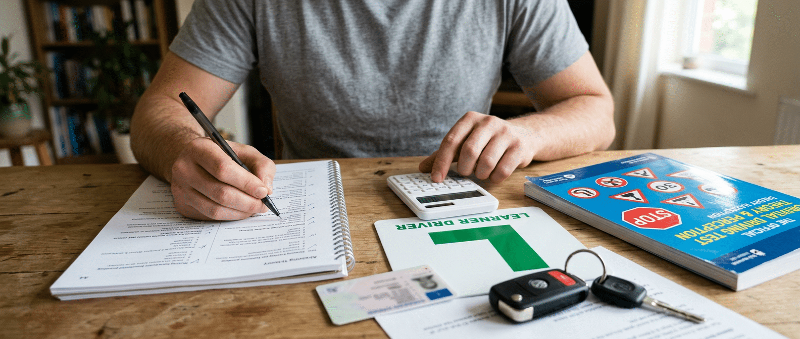 Persona estudiando los tipos de carnet de conducir en España con un manual de tráfico, una placa de conductor novel, apuntes, calculadora y llaves de coche.