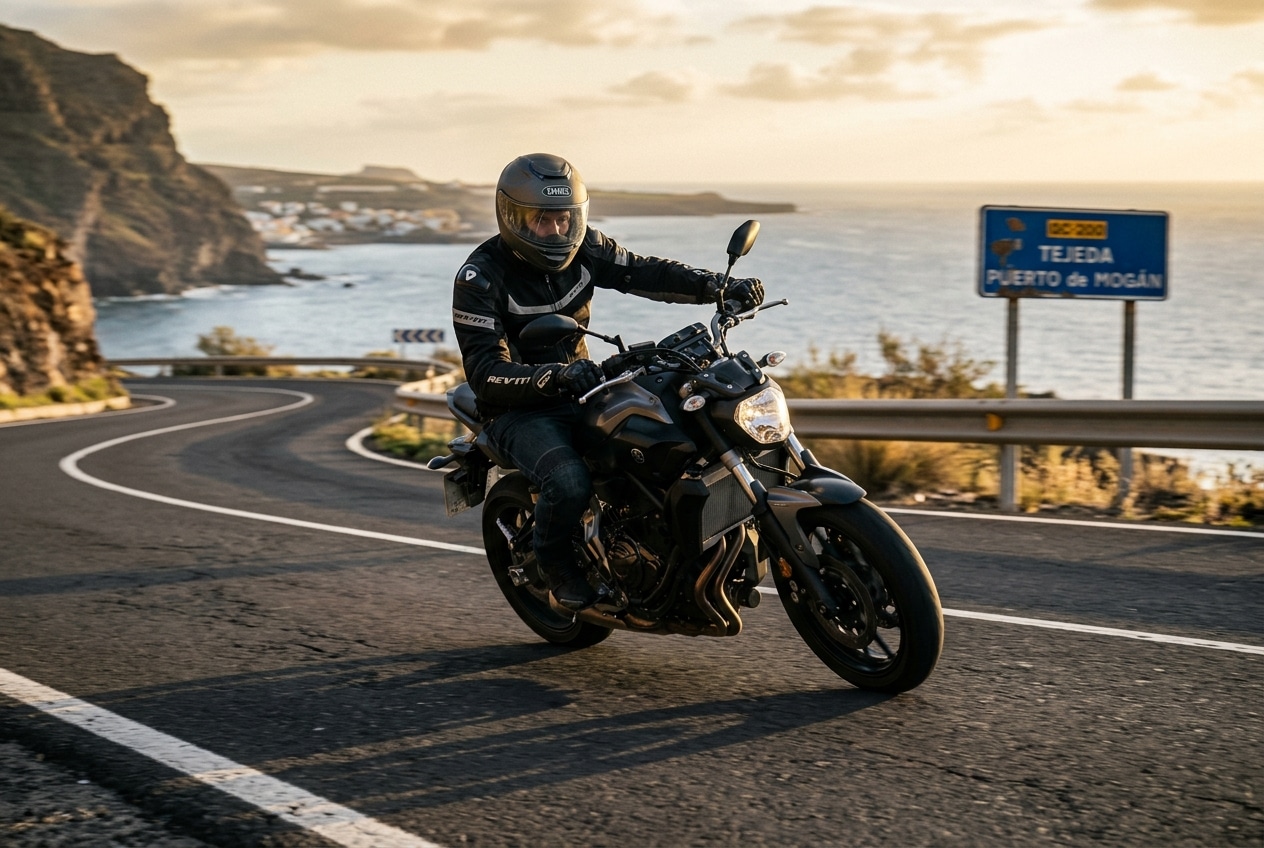Motorista circulando con una moto de las que autoriza el carnet A2 por una carretera de costa al atardecer