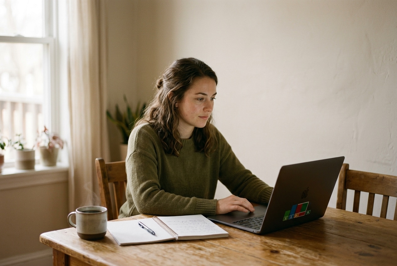 Persona estudiando el test online de autoescuela en un portátil sobre la mesa de su casa
