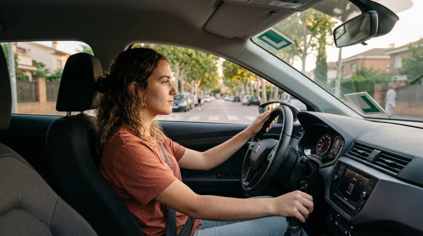 Joven al volante de un coche automático de autoescuela con la mano en la palanca de cambios y la placa de la L en el cristal
